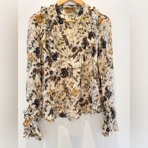 Robert Rodriguez Beige Floral Silk V-Neck Ruffle Long Sleeve Blouse Size S